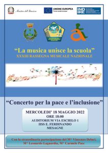 Mesagne, nell’auditorium dell”Istituto “E. Ferdinando” il  ‘Concerto per la pace e l’inclusione’